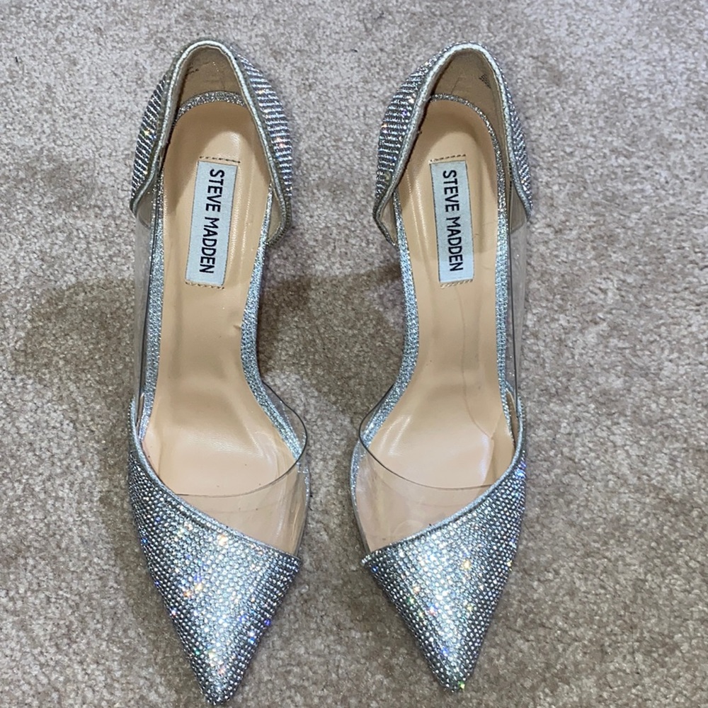 Silver, sparkly, Steve Madden high heels. Never worn
